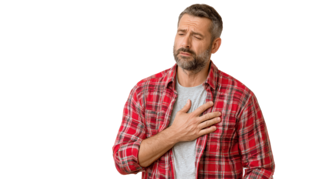 A man in a plaid shirt expresses a moment of reflection with a hand on his chest, isolated on white background.