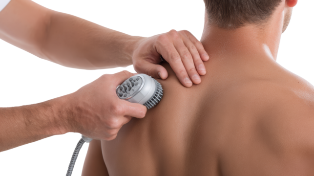 A person receiving a back massage using a massager tool, showcasing relaxation and self-care.