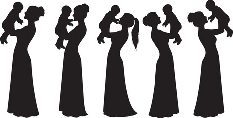 Five Black Silhouette Illustrations of Mothers Holding Babies in Long Dresses baby child