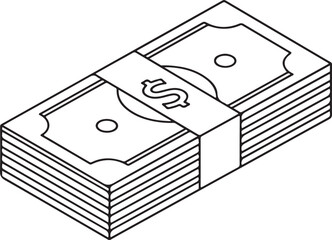 Isometric Outline Illustration of a Stack of Dollar Bills with a Band money cash
