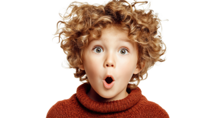 A surprised child with curly hair making an expressive face against a white isolated background.