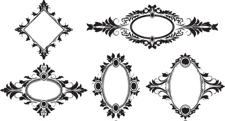 Ornate Black Decorative Frames and Borders with Floral Swirls on White Background flourish
