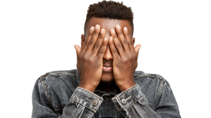A young man covers his face with his hands, expressing emotions like surprise or shyness, white isolate background.