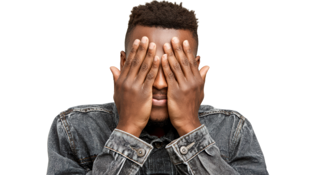 A young man covers his face with his hands, expressing emotions like surprise or shyness, white isolate background.