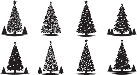 Set of Black Silhouette Christmas Trees with Ornate Swirls and Stars holiday winter