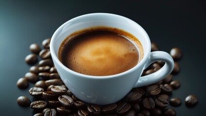 Obraz premium A cup of coffee surrounded by coffee beans.
