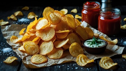 Potato chips with ketchup and dipping sauce on dark rustic background. Snack food and condiments, concept. Crisps and dips. The concept of snack and flavor enhancement.