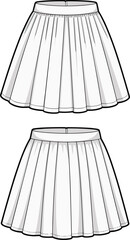 Front and back view of pleated white mini skirt fashion flat sketch, vector template for clothing design, technical illustration