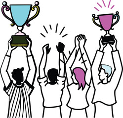 Colorful Victory Celebration with Trophies Vector Illustration