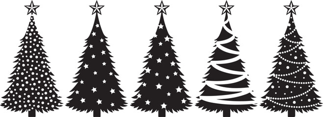 Set of Five Black Silhouette Christmas Trees with Decorations xmas tree xmas trees