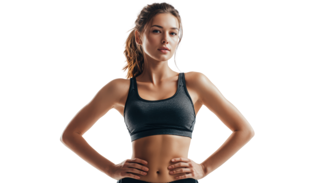 Athletic woman showing confidence in sportswear, posing with hands on hips.