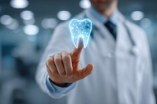 Close-up of doctor s hand pointing at glowing digital tooth icon. Concept of dental technology, oral health innovation, and futuristic dentistry - Powered by Adobe