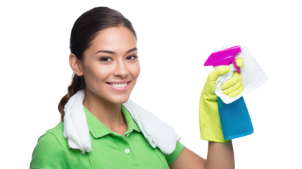 Cheerful woman holding cleaning supplies, ready to clean, isolated on white background.