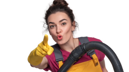 Cheerful woman in yellow gloves pointing and using a vacuum cleaner against a white background.