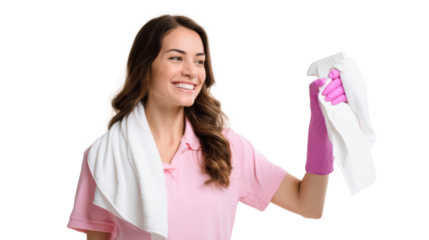 Cheerful woman wearing pink gloves, smiling while cleaning with a cloth. Isolated on a white background.