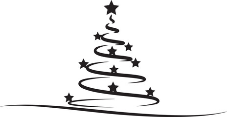 Stylized Black Christmas Tree Silhouette with Stars on White Background decoration festive