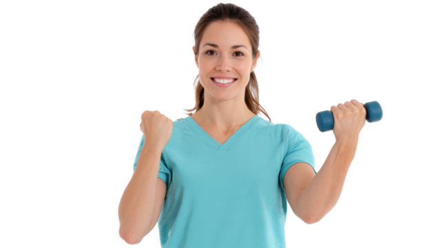 Cheerful woman exercising with dumbbells, promoting fitness and healthy lifestyle, white isolated background.
