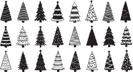 black silhouette Christmas trees with various decorations on white background