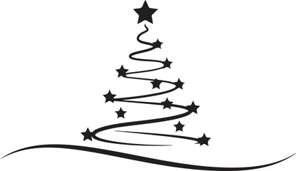 Stylized Black Christmas Tree with Stars and Swirl on White Background holiday celebration