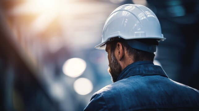 Industrial professional in helmet: Safety-focused engineer in factory environment, soft background for use in industrial advertisements, training modules, or safety compliance visuals.
