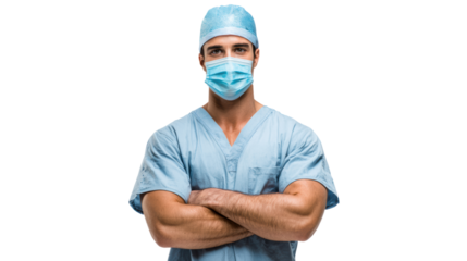 Confident male surgeon in scrubs and mask, arms crossed, isolated on white background.
