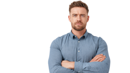 Confident man in a blue shirt, arms crossed, standing against a white background.