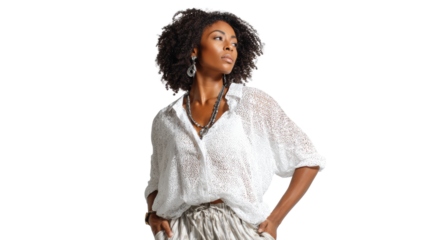 Confident woman in stylish outfit, showcasing modern fashion trends against a white isolate background.