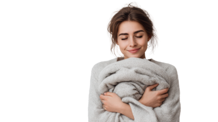 Cozy woman embracing a soft blanket, enjoying comfort and warmth.