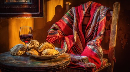 Red and white poncho with empanadas and wine, representing Chilean Independence spirit for cultural events, promotional materials, or festive design projects.