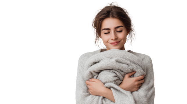 Cozy woman embracing a soft blanket, enjoying comfort and warmth.