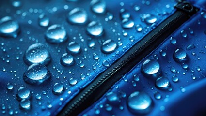 Close-up of water droplets on a blue waterproof fabric with a zipper.