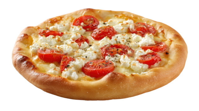 Delicious pizza topped with fresh tomatoes and cheese on a white isolated background.