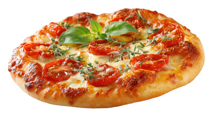Delicious pizza topped with fresh tomatoes, basil, and melted cheese on a wooden table.