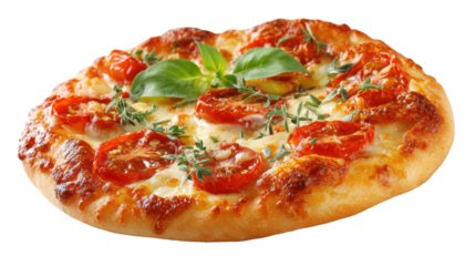 Delicious pizza topped with fresh tomatoes, basil, and melted cheese on a wooden table.