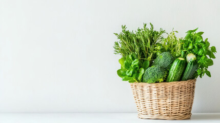 Fresh greens and vegetables in woven basket, showcasing vibrant colors and healthy produce, perfect for nutritious meal