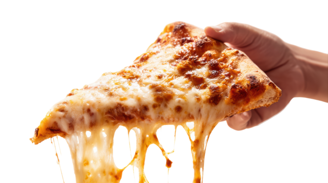 Delicious slice of pizza with melting cheese and golden crust, hand holding it, isolated background.