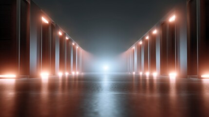 Illuminated Corridor with Columns Ethereal Light Reflections