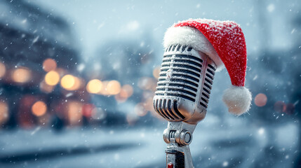 Festive Christmas Caroling Concept Vintage Microphone Adorned with Santa Hat in Snowy City Backdrop