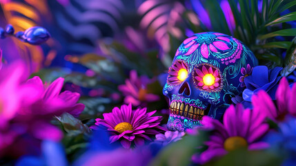 Vibrant sugar skull surrounded by colorful flowers, glowing eyes create mystical atmosphere in lush setting