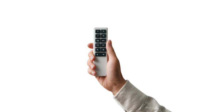Hand holding a remote control, white isolate background.