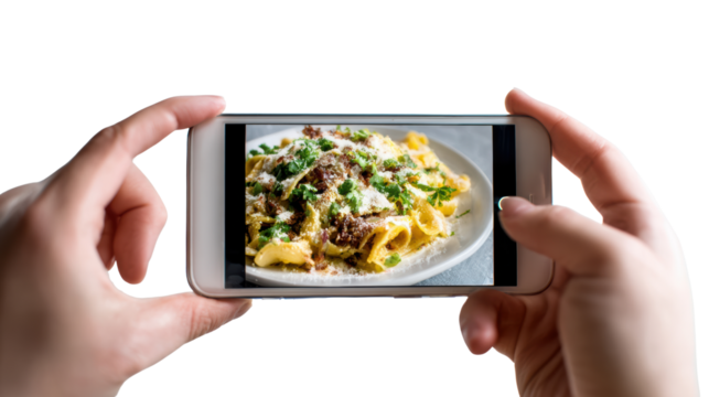 Hands holding a smartphone capturing a delicious plate of pasta with herbs on a table.