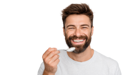 Happy man enjoying spoonful of food, bright isolated background.