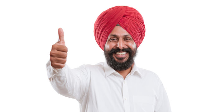 Happy man in a red turban giving a thumbs up, isolated on white background.