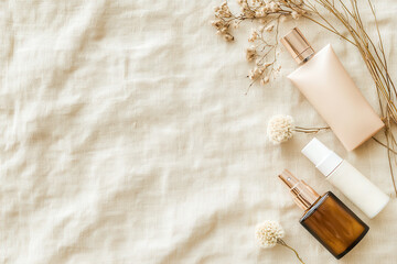 Vintage style beauty products arranged on textured fabric background, evoking sense of nostalgia and elegance