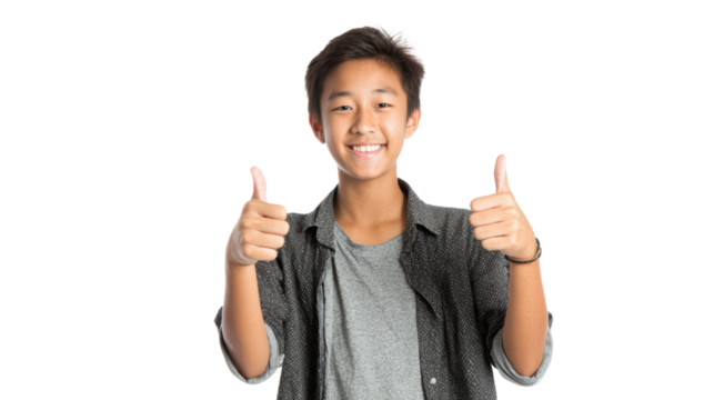 Happy young boy showing thumbs up gesture, isolated on white background.