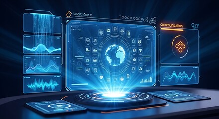Futuristic Technology Interface with Global Connectivity and Data Visualization for Modern Business and Communication Systems Innovation