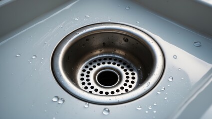 Water drain in sink with water droplets around, close-up. Plumbing and drainage, household or commercial setup. The concept of water flow and drainage technology.