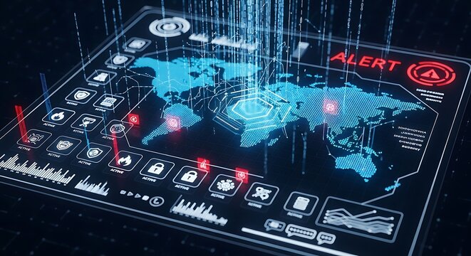 Global Cybersecurity Alert System Displaying Real Time Threat Detection and Protection Protocol with Interactive User Interface