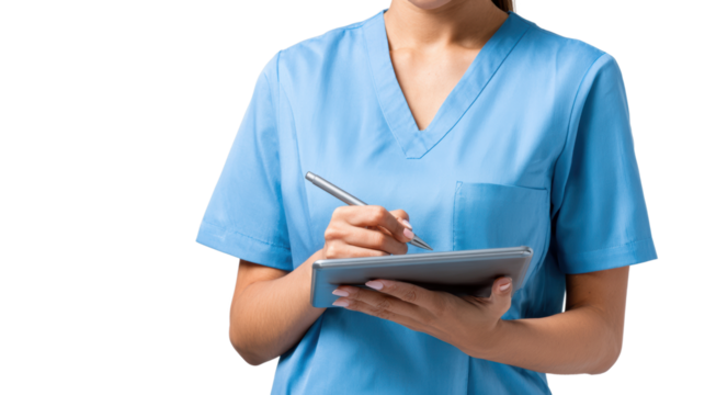 Health professional in blue scrubs writing on tablet against white background.