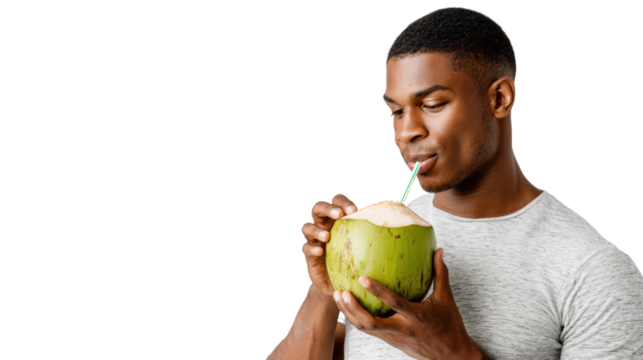 Man enjoying fresh coconut water, straw in coconut, tropical beverage, refreshing and healthy drink